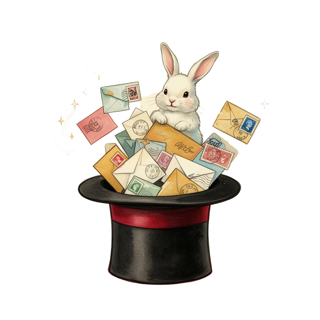A magician's top hat overflowing with letters, stamps, and a bunny peeking out